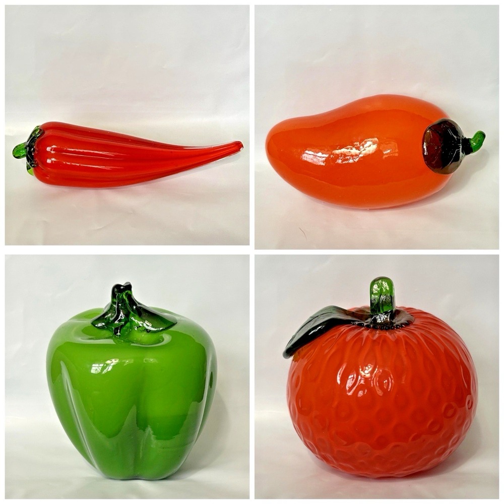 4 Hand Blown Glass & Fruit Vegetable Lot Red Chili Green Pepper Mango Orange